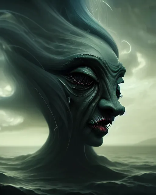 Image similar to a close up portrait of a creepy grotesque sea witch with dark turbulent skies, photorealistic, by jessica rossier, 4 k resolution