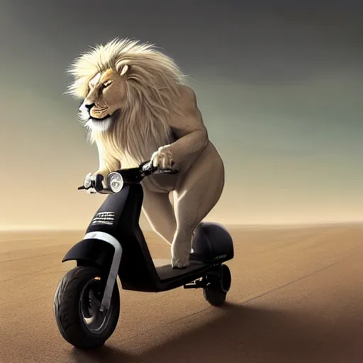 Image similar to commission of a male anthropomorphic albino lion driving a scooter on a beach,digital art,art by greg rutkowski,trevor henderson,ross tran,photorealistic,hyperdetailes,highly realistic,natural lighting,deviantart,artstation,dramatic,cinematic,4k,western comic style