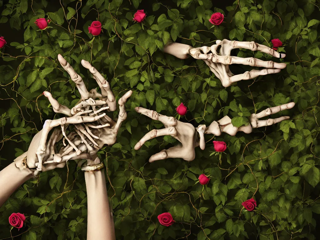 Image similar to a skeleton hand reaching out of the ground, roses and vines sprouting and wrapping around the hand, kintsugi, ornamented diaphanous jewelry, forest in background, 4k, trending on artstation, photorealistic, volumetric lighting, octane render,