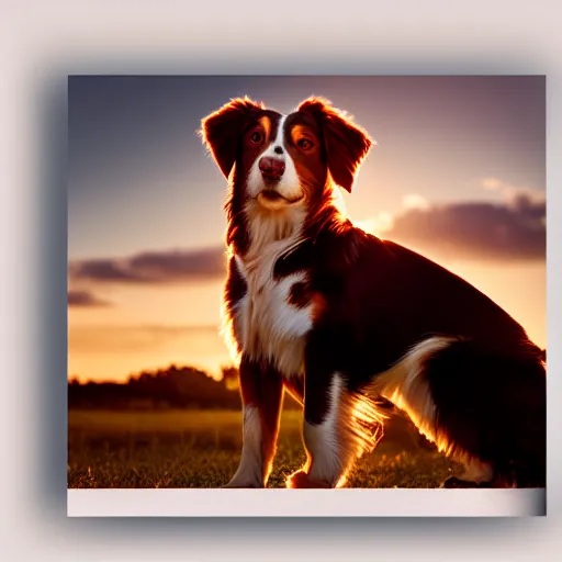 Prompt: red tri australian shepard. golden hour light photograph, hi gloss perfect lighting, 4 k, octane render, 5 0 mp cannon 8 0 mm.