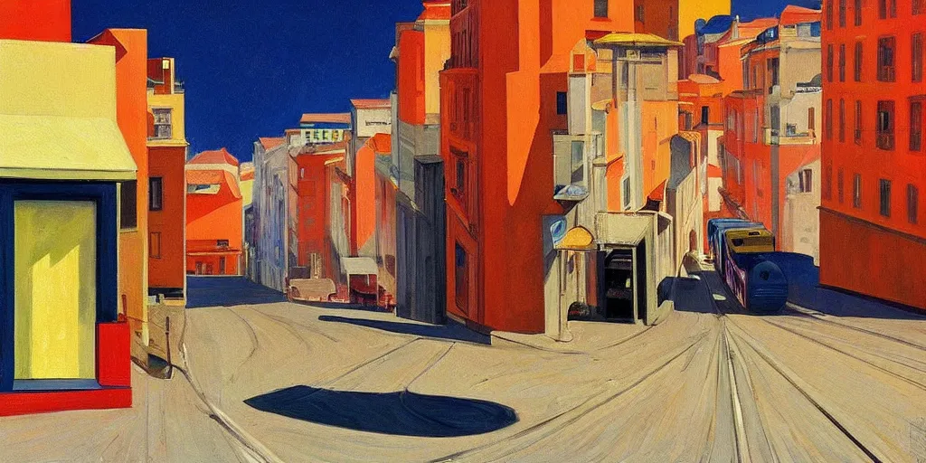 Image similar to street art. paralyzed by the indescribable beauty of the cosmos. amazing view of the electric trail from lisbon. art style by edward hopper daring, incredible