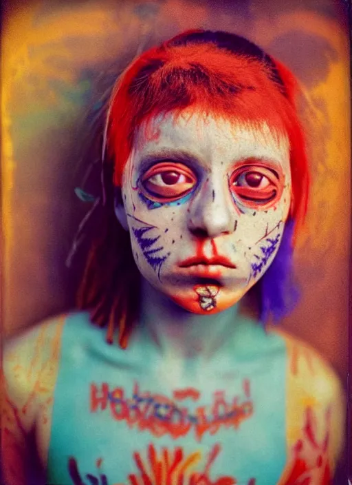 Prompt: detailed color analog medium format photo made by harmony korine, polaroid photo of person with face modifications and tatoos in american suburbs, high production value, intricate details, 8 k resolution, hyperrealistic, hdr, photorealistic, high definition, tehnicolor, award - winning photography, masterpiece, amazing colors,