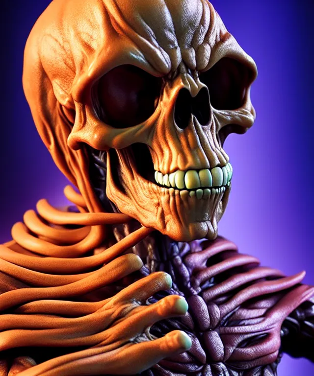 Image similar to hyperrealistic rendering, skeletor, by art of skinner and richard corben and jeff easley, product photography, action figure, sofubi, studio lighting, colored gels