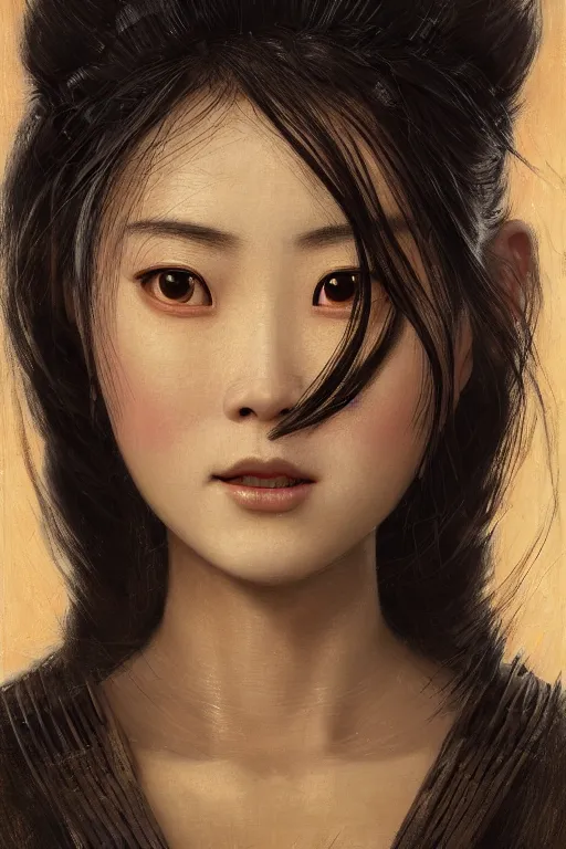 Prompt: realistic detailed painting of Mulan, big eyes, wearing sculpted textured armor, battle damage, intricate complexity, close-up of the front of the face, resolute expression, back lighting, 4K resolution, symmetric, clear facial features, by Ruan Jia and Mandy Jurgens and William-Adolphe Bouguereau, Karol Bak, smooth, sharp focus, Unreal Engine 5, digital render, intricate, ultra realistic, concept art,