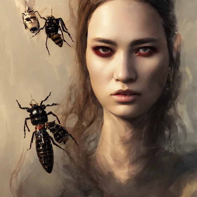 Image similar to a fancy portrait of half bug women by greg rutkowski, sung choi, mitchell mohrhauser, maciej kuciara, johnson ting, maxim verehin, peter konig, 8 k photorealistic, cinematic lighting, hd, high details, dramatic, atmosphereric, trending on artstation