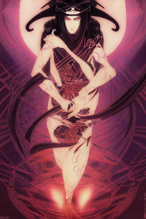 Image similar to beautiful Ninjutsu and evil and gorgerous and mythical female ninja portrait+shiny eyes+light flowing hair, in Ninja Mudra night ruin tokyo temple, ultradetail face, art and illustration by tian zi and craig mullins and WLOP and alphonse mucha, rim lght, fantasy, intricate complexity, human structure, fantasy world concept, watermark, blurry, hyperrealism 8k