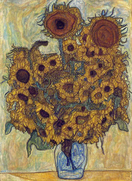 Image similar to an intricate drawing from observation of intertwined sunflowers, some sunflowers dead, some are blooming or crumbling, by Egon Schiele and Piet Mondrian, colors of Mark Rothko