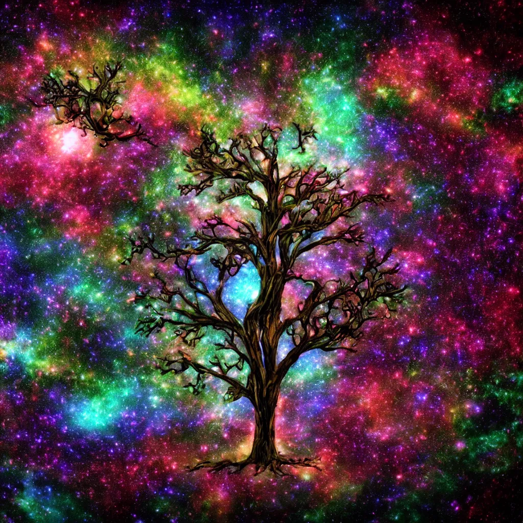Image similar to tree of life, Cosmic tree of life, trees, Tree in a galaxy made of stars, space, nebulas stars Dmt Psychedelic cosmos, cosmic, Hallucination, night sky; 8k, artstation, unreal engine, octane render, hdr, surrealistic, hyperrealism, glow, photorealistic, volumetric lighting, Dreamy, dynamic, mystical