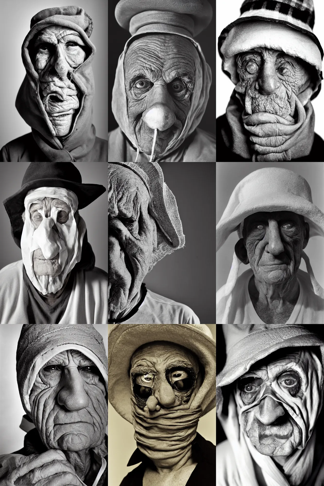 Prompt: high contrast studio close - up portrait of a wrinkled old man wearing a pulcinella mask, clear eyes looking into camera, baggy clothing and hat, backlit, dark mood, nikon, photo by herb ritts, masterpiece