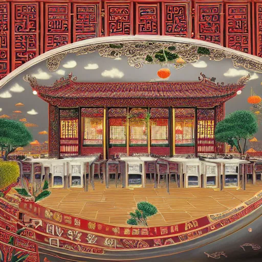 Image similar to a beautiful hyperdetailed interior 4 k hd wallpaper illustration of roasted string hotpot restaurant restaurant yan'an, wall painting, from china, with merchant logo, fine delicate structure, surrealistic, chinese style, victo ngai