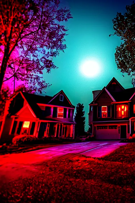 Prompt: scary october neighborhood, a sense of fright : : time - lapse : : hyperspectral imaging : : wide angle : : brenizer method : : dichromatism : : technicolor : : kinemacolor : : underdimensional : : beyond - dimensional : : 3 2 k : : dci - p 3 : : rim lights : : moody lighting