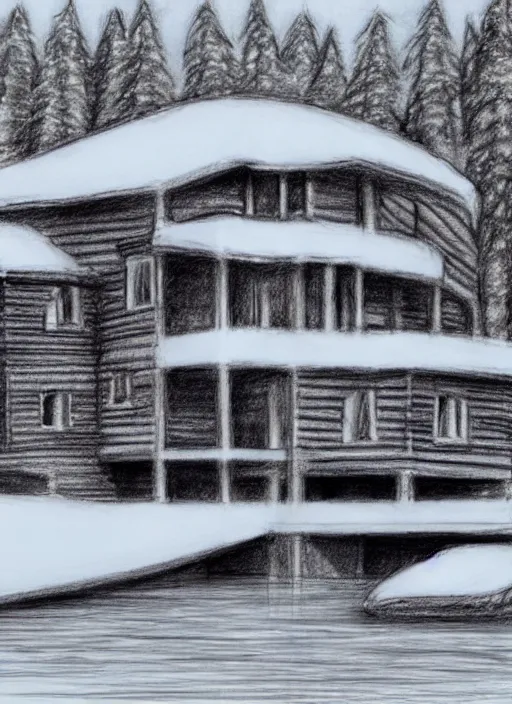 Image similar to a lake house in winter, loose pencil sketch, sketchy, concept art,