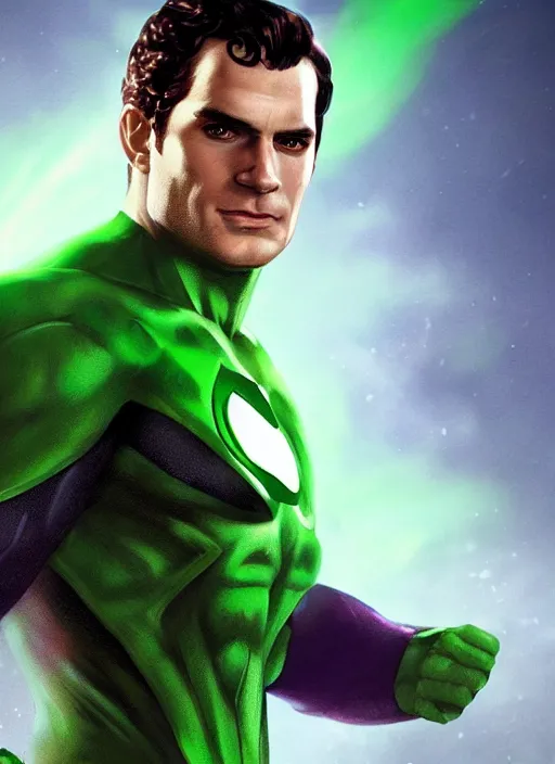 Image similar to An epic fantasy comic book style portrait painting of Henry Cavill as Green Lantern, Unreal 5, DAZ, hyperrealistic, octane render, cosplay, RPG portrait, dynamic lighting
