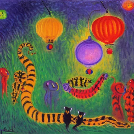 Image similar to painting of cats and caterpillars at a carnival at night watching colorful paper lanterns, in the style of claude monet and eyvind earle