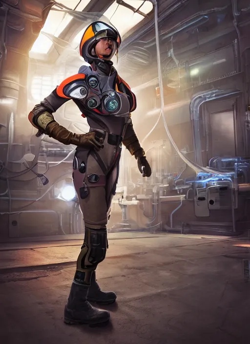 Prompt: character art of a female engineer wearing futuristic overalls, welding mask, toolbelt, heavy-duty boots, gloves, videogame character, Starcraft 2, Mass Effect, highly detailed full-body art, futuristic, serious, concentrated, industrial aesthetic, highly detailed, photo realistic, technical atmosphere, 8K, octane render, unreal engine