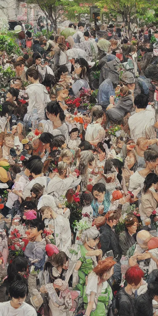 Image similar to oil painting scene crowd from blooming garden by kim jung gi