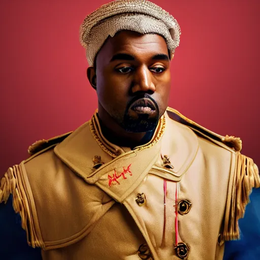 Image similar to Portrait of Kanye West dressed as emperor napoleon, splash art, cinematic lighting, dramatic, octane render, long lens, shallow depth of field, bokeh, anamorphic lens flare, 8k, hyper detailed, 35mm film grain