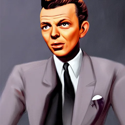 Image similar to perfect composition, subdued color palette, award-winning concept art, detailed digital painting, airbrushed, low contrast: costume design for young Frank Sinatra as a poor 1950s bartender. Volumetric cinematic lighting, great attention to perfect anatomy, special attention to posing, great attention to realistic facial expression, faithful cinematic color scheme, perfectly coherent. In the style of: Greg Rutkowski, Francis Bacon, Syd Mead, Norman Rockwell, Beksinski, Edward Hopper, James Gilleard, Ilya Kuyshinov, WLOP, Stanley Artgerm, Takato Yamamoto, and James Jean.