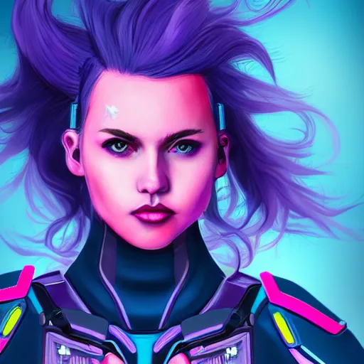 Prompt: a stunning upper body portrait of a beautiful young woman wearing futuristic navy blue and teal battle bodyarmor and pauldrons and ombre purple and pink hairstyle with hair blowing in the wind, by marvel comics, neon, highly detailed, fine detail, intricate, digital art, trending on artstation