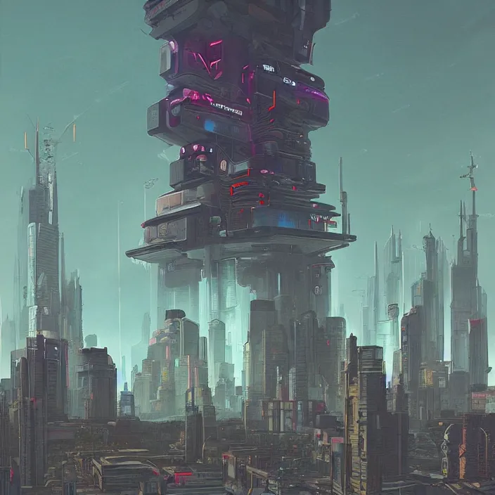 Prompt: Evil cyberpunk tower, reaching the clouds, with a cyberpunk street view below, art by Simon Stalenhag