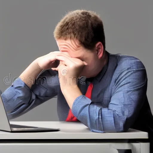 Prompt: sad person arguing with a laptop, stock image