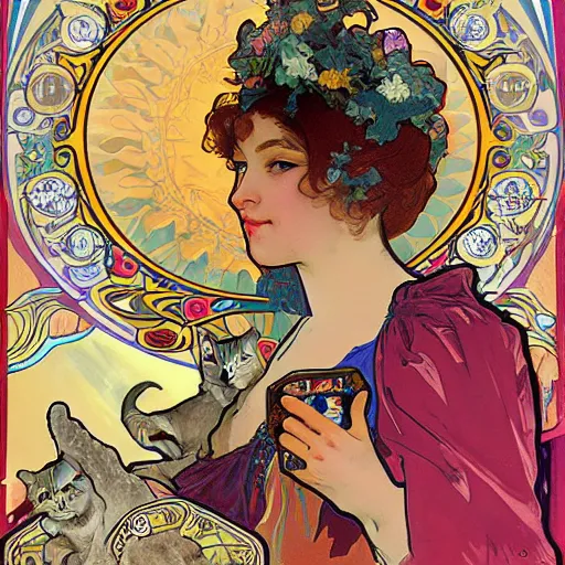 Image similar to Caucasian fortune teller lady with curly hair, with cats on her side, a spread of tarot cards on a table, in a colorful tent, Alphonse Mucha, art nouveau style, full poster ,