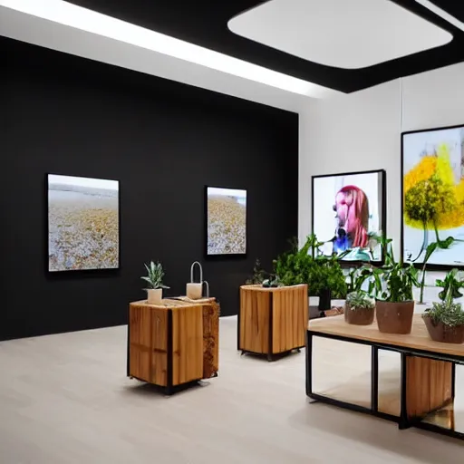 Image similar to An AI art gallery store. black walls. timber floor. high ceilings with spots. large windows with natural light. modern wood furniture. beautiful display for canvas, posters, plants on pots and on the walls, large digital screens with videos on the walls, Architectural photography. 14mm. High Res 8K. award winning architectural design, Minimalist, Design, very artistic, High tech, warm and happy, inviting