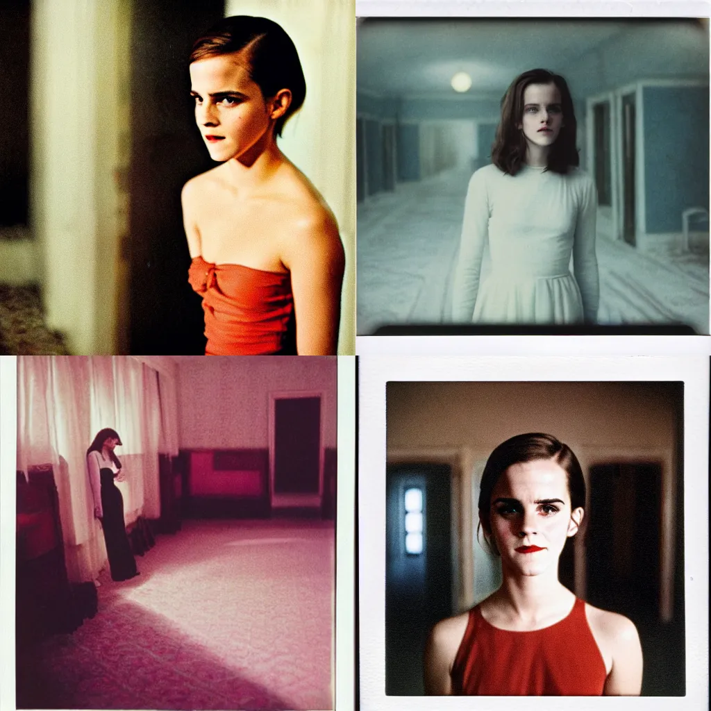 Prompt: color polaroid of Emma Watson in the Overlook Hotel by Andrei Tarkovsky