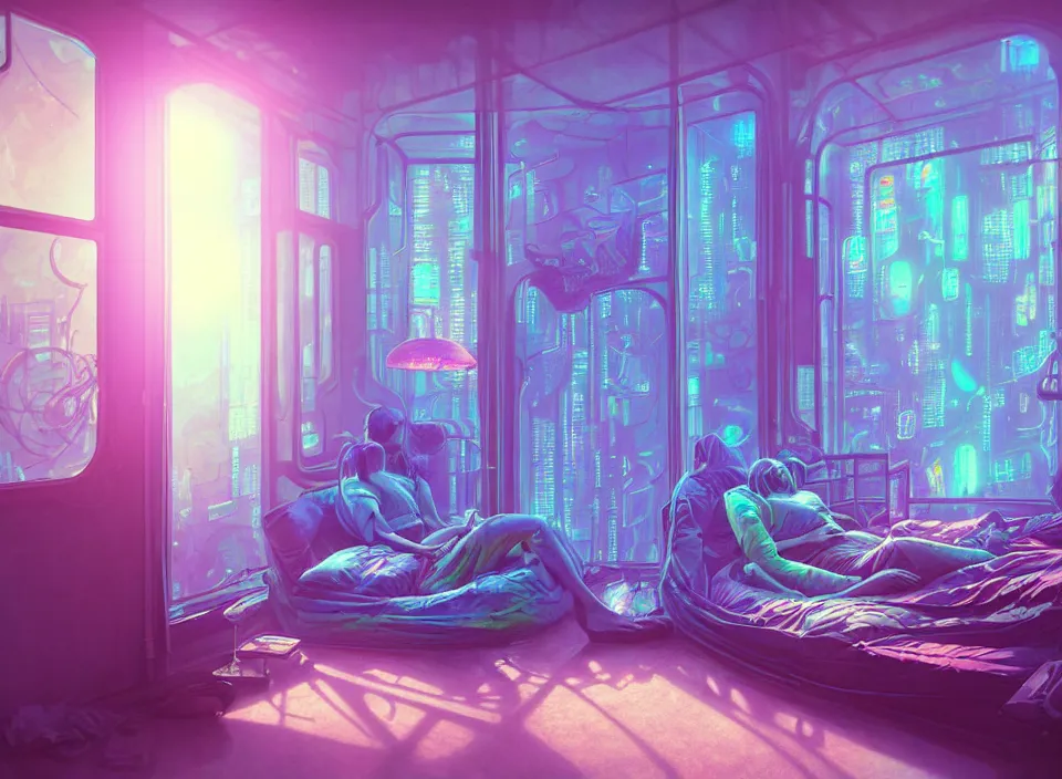 Image similar to telephoto photograph depicting the experience of acceptance in a cosy cluttered french sci - fi ( art nouveau ) cyberpunk apartment in a pastel dreamstate art cinema style. ( iridescent terrarium!, computer screens, window ( city ), leds, lamp, ( ( ( terrarium bed ) ) ) ), ambient light.