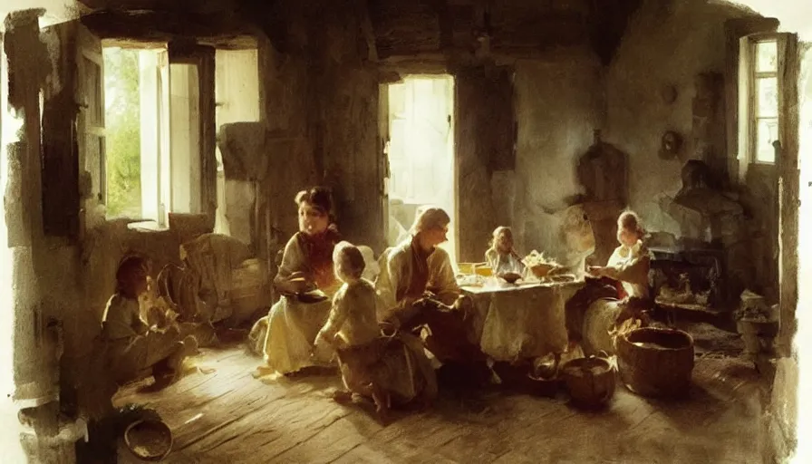 Image similar to simple villager family about to eat a meal together in their beautiful simple cottage home, art by anders zorn, wonderful masterpiece by greg rutkowski, beautiful cinematic light, american romanticism thomas lawrence, greg rutkowski