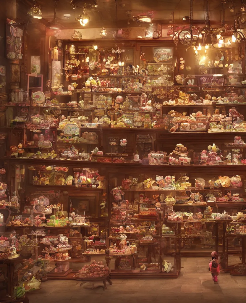 Image similar to Inside an old fashioned sweet shop, fantasy vendor interior, wide angle, cinematic shot, highly detailed, cinematic lighting , photorealistic, trending on cgsociety and unreal engine