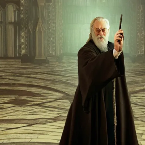 Image similar to Movie still of Albus Dumbledore in Matrix with shades