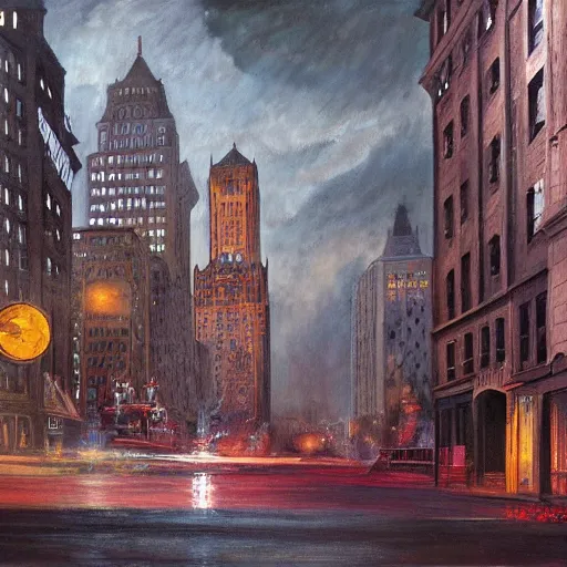 Image similar to muted color ultra realistic painting of 1 9 2 5 boston downtown at night in doctor strange's mirror dimension, dark, brooding, night, atmospheric, horror, cosmic, ultra - realistic, smooth, highly detailed in the style of clyde caldwell