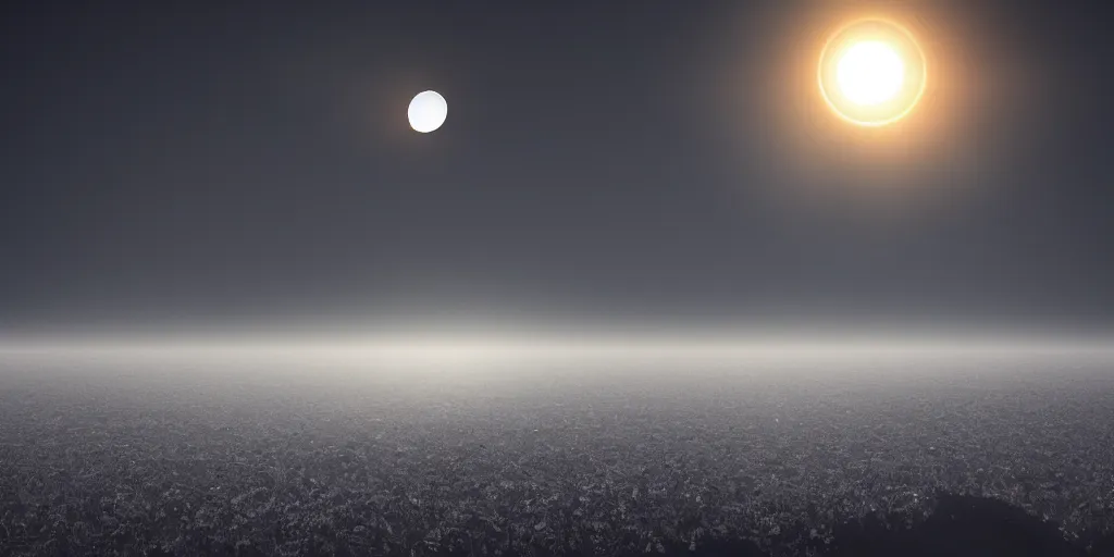 Image similar to solar eclipse, a triangular moon, sun rays, fog, photorealistic, calm environment