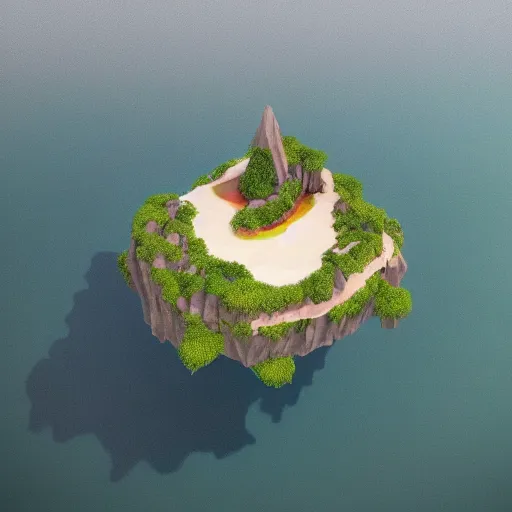 Image similar to a floating island with lago di sorapis landscape on an aquatic environment isometric art, low poly art, game art, artstation, 3D render, high detail, cgsociety, octane render, sharp focus