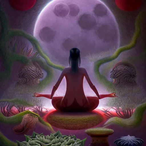 Prompt: a werewolf meditating in a zen garden with a waterfall under the blood moon, by Adi granov and afarin sajedi and amanda sage and evgeni gordiets and Agostino Arrivabene in a psychedelic portrait style, ultrarealistic matte painting, volumetric lighting, fractal, extremely symmetrical, highly detailed face, orisha, 8k, hd