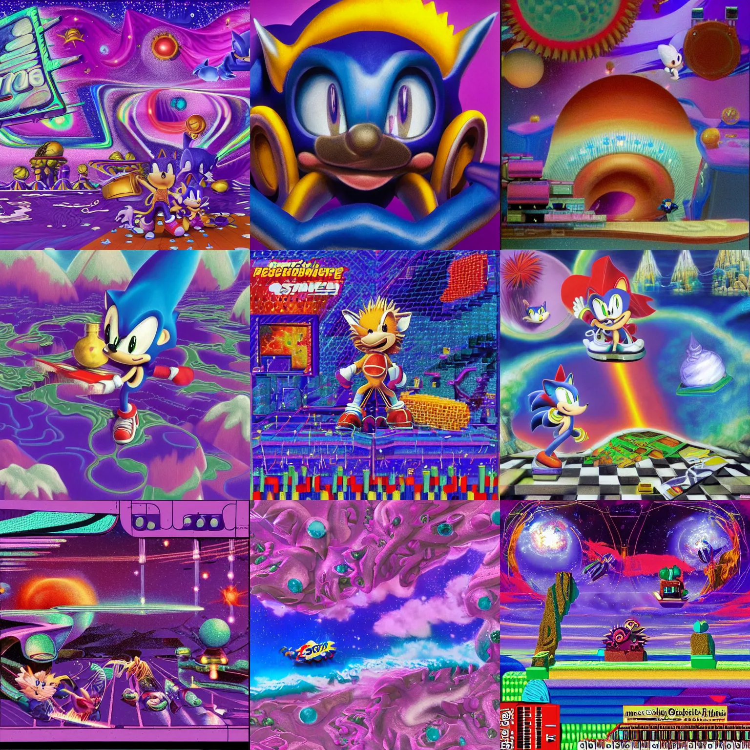 Prompt: dreaming of sonic hedgehog portrait deconstructivist claymation scifi matte painting landscape of a surreal stars, retro moulded professional soft pastels high quality airbrush art album cover of a liquid dissolving airbrush art lsd sonic the hedgehog swimming through cyberspace purple teal checkerboard background 1 9 8 0 s 1 9 8 2 sega genesis video game album cover