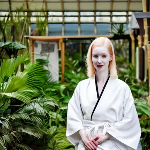 Prompt: close photo portrait of a pale skin woman wearing a white kimono in a tropical greenhouse