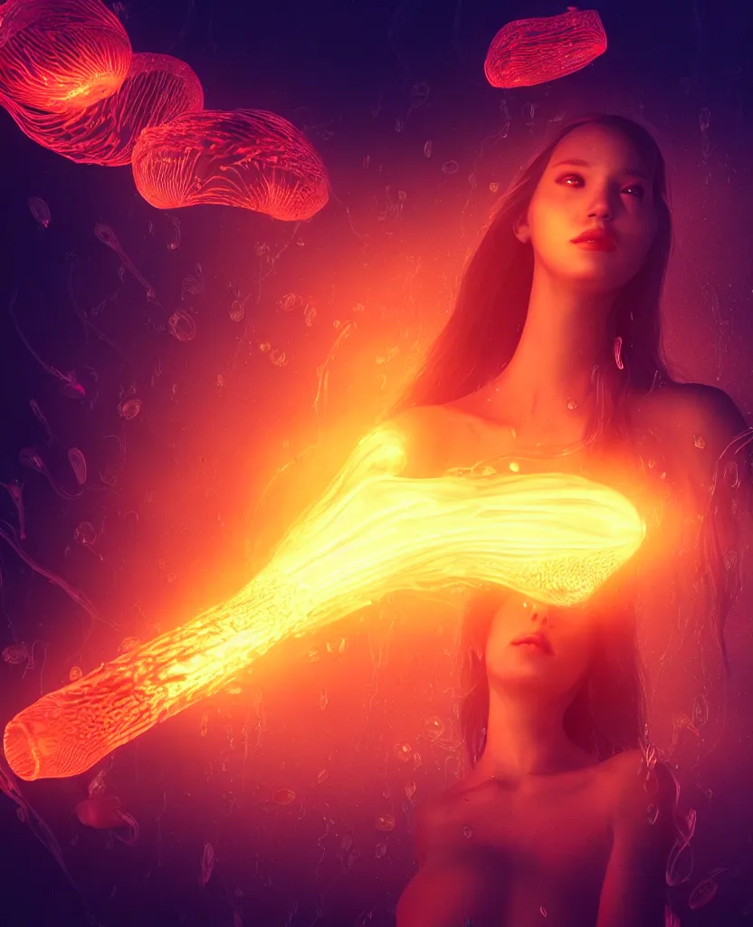 Image similar to close-up portrait of a beautiful girl floating in ethereum surrounded by floating jellyfish, energy flows of fire and water, flashes of plasma, 3d with depth of field, blurred background, a highly detailed epic cinematic concept art CG render. made in Maya, Blender and Photoshop, octane render, excellent composition, cinematic dystopian brutalist atmosphere, dynamic dramatic cinematic lighting, aesthetic, very inspirational, arthouse. y Greg Rutkowski, Ilya Kuvshinov, WLOP, Stanley Artgerm Lau, Ruan Jia and Fenghua Zhong