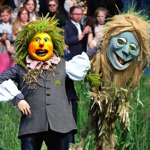 Image similar to Boris Johnson as the Scarecrow from the wizard of oz. Boris Johnsons debut on stage