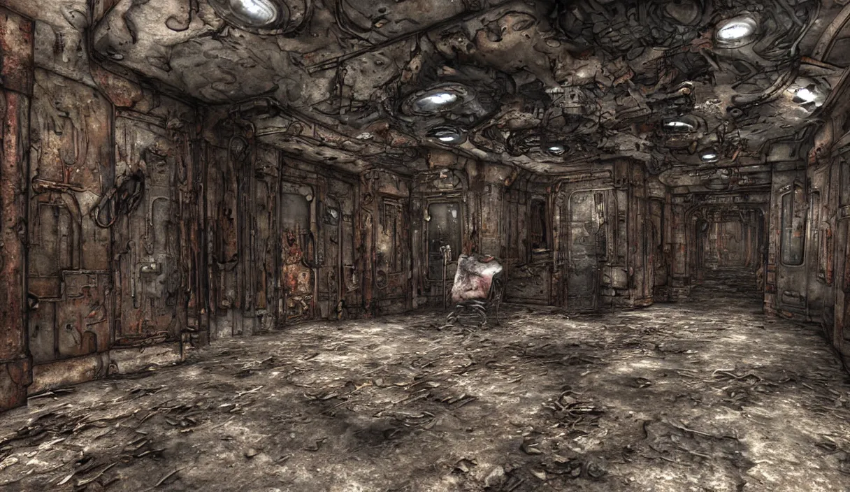 Image similar to disfigured necromorph being crawling in the spacecraft hallway, rusty and dirty interiors, highly realistic and intricate, ominous, dark surroundings