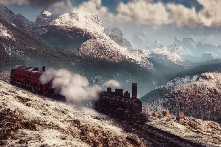 Image similar to steam engine in the mountains with huge steam clouds, snowy mountains in the background , ultra low camera angle, super wide lens, tilted camera, high speed motion, cinematic, ultra resolution, octane render, top trending artstation, 4k, 8k, hyper realistic, digital art, incredible details,