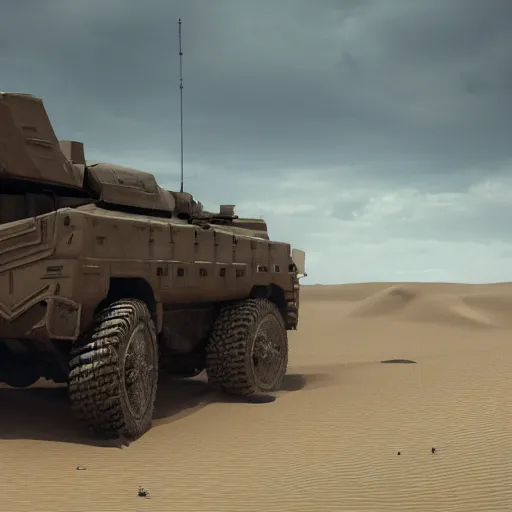 Prompt: armored vehicle in the dunes of desert by Paul Chadeisson, atmospherical, high detail, sci-fi, cinematic, Artstation trending, octane render