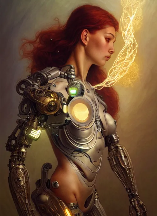 Image similar to cyborg recharging, diffuse lighting, fantasy, intricate, elegant, highly detailed, lifelike, photorealistic, digital painting, artstation, illustration, concept art, smooth, sharp focus, art by John Collier and Albert Aublet and James jean and Brian froud and ross tran and Artem Demura and Alphonse Mucha