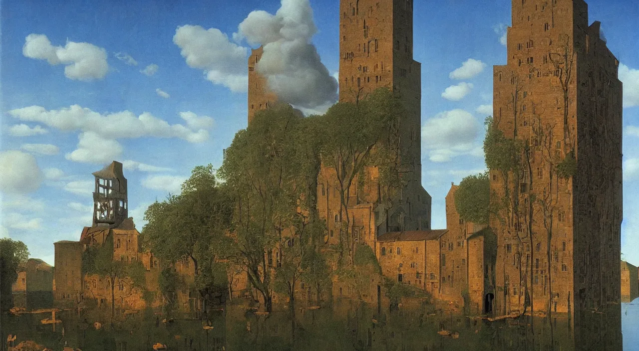 Prompt: flooded ancient tower, very coherent high contrast!! painting by jan van eyck audubon rene magritte simon stalenhag, dark shadows, sunny day, triadic color scheme, hard lighting, masterpiece