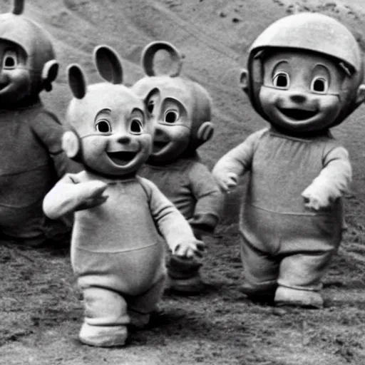 Prompt: teletubbies in a trench during world war 2