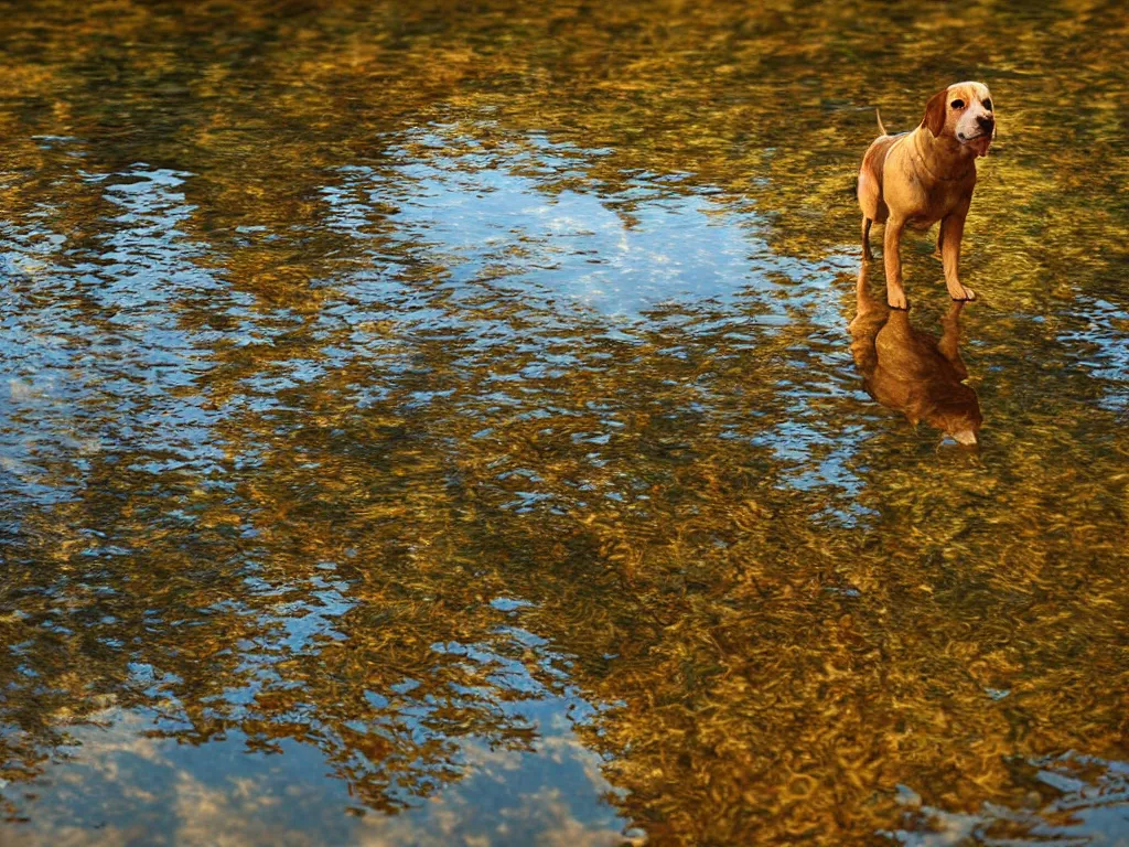 Image similar to a dog looking down at its reflection in water, ripples, river, beautiful!!!!!! swiss forest, photograph, golden hour, octane render, high resolution