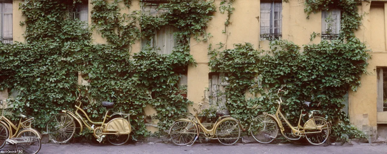 Image similar to growing!!!!! spaghetti!!!!! over ivy on a parisian side street, 1 9 5 0 s, canon 5 0 mm, bicycle, kodachrome, in the style of wes anderson, retro