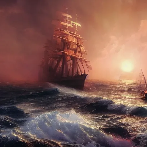 Image similar to a sunset and stormy sea with a giant pirate sailing-warship in style of Aivazovskiy, hypertealistic, high details, cinematic, 8k resolution, beautiful detailed, insanely intricate details, artstation trending, octane render, unreal engine,