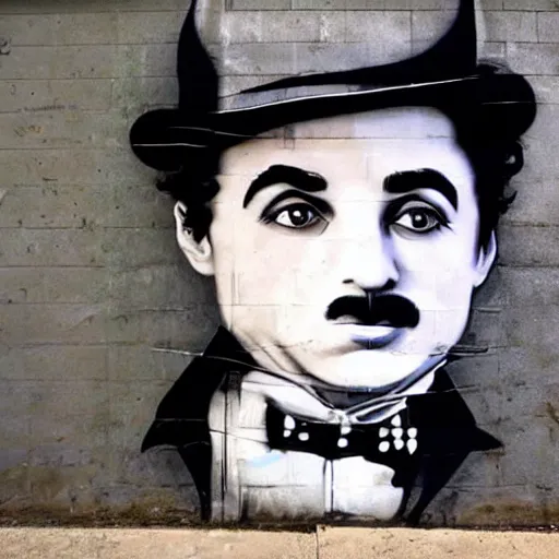 Image similar to Street-art portrait of Charlie Chaplin in style of Swoon